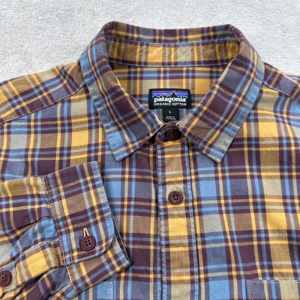 Patagonia Button Down Shirt Mens Large Yellow Plaid Organic Cotton Outdoors Fall